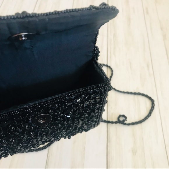 Black Sequined & Beaded Handbag with Long Beaded Strap - Picture 7 of 11